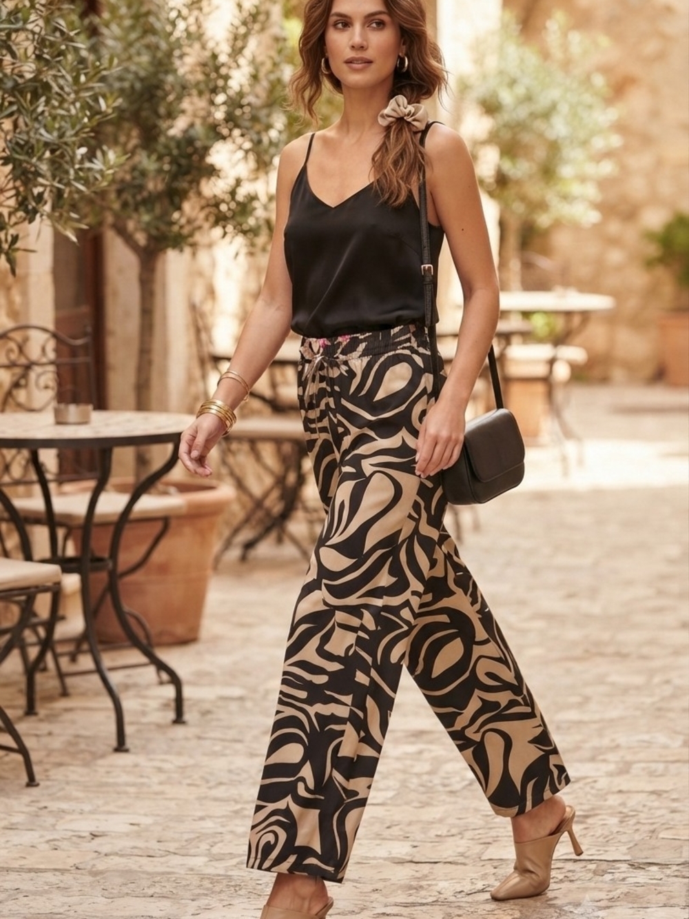Enza Costa Black & Tan Abstract Wide Leg Palazzo Pants size S